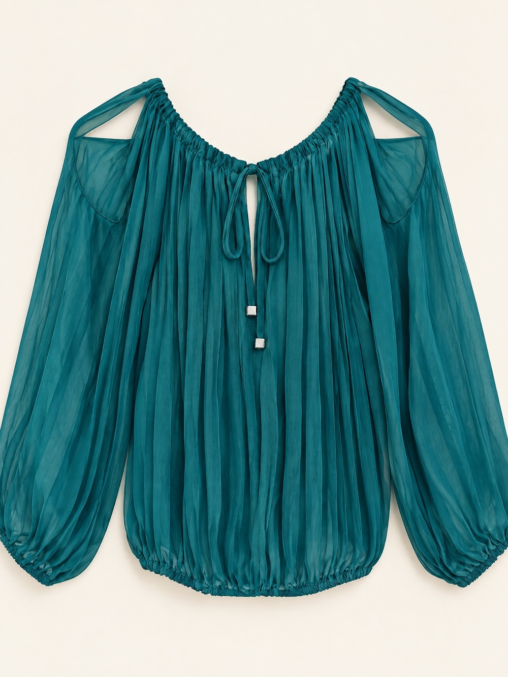 Teal Long Sleeve Cold Shoulder Blouse Adjustable Off/On Shoulder Tie Neckline